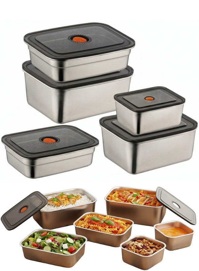 طقم أوعية حفظ طعام ستانلس ستيل محكمة الغلق 5 قطع | علب تخزين طعام فاخرة من الفولاذ المقاوم للصدأ Food Grade BPA Free | صالحة للميكروويف والفرن والفريزر وغسالة الأطباق | أغطية سيليكون مانعة للتسرب 360° | تصميم متداخل موفر للمساحة | مقاومة للتآكل والروائح والبقع | سعات متعددة 2200 / 2000 / 1500 / 1200 / 600 مل - Image 1